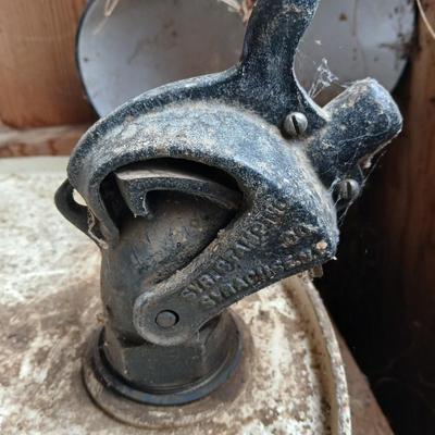 Steel Primrose oil company chemical barrel with vintage cast iron Syracuse Syraco valve spigot / Faucet