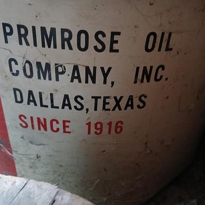 Steel Primrose oil company chemical barrel with vintage cast iron Syracuse Syraco valve spigot / Faucet