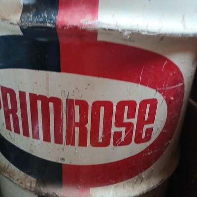 Steel Primrose oil company chemical barrel with vintage cast iron Syracuse Syraco valve spigot / Faucet