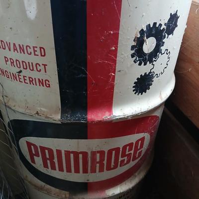 Steel Primrose oil company chemical barrel with vintage cast iron Syracuse Syraco valve spigot / Faucet