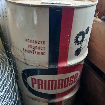 Steel Primrose oil company chemical barrel with vintage cast iron Syracuse Syraco valve spigot / Faucet