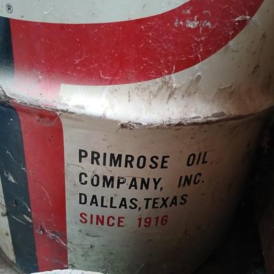Steel Primrose oil company chemical barrel with vintage cast iron Syracuse Syraco valve spigot / Faucet