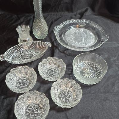 Collection of vintage Glassware - IRENE EAPG Iowa City Flint Glass bread plate - Wick's company toothpick holder - Glass bowls and more