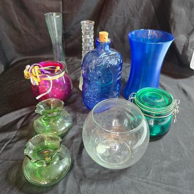 Variety of neat Colored glass vases, jar and bottles
