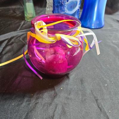 Variety of neat Colored glass vases, jar and bottles