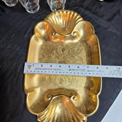 Six Retro MCM Libbey Dandelion wisp Atomic gold glasses - 24k gold commonwealth Silver Inc. tray - Bavaria pastoral scene plate and more