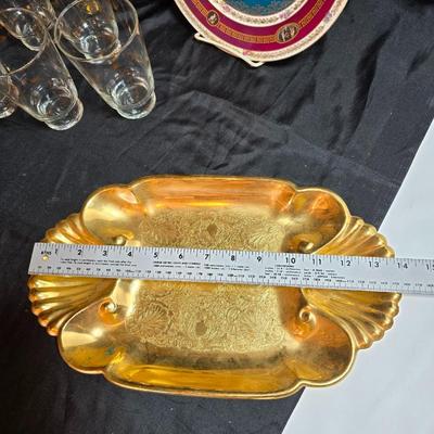 Six Retro MCM Libbey Dandelion wisp Atomic gold glasses - 24k gold commonwealth Silver Inc. tray - Bavaria pastoral scene plate and more