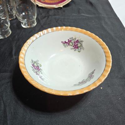 Six Retro MCM Libbey Dandelion wisp Atomic gold glasses - 24k gold commonwealth Silver Inc. tray - Bavaria pastoral scene plate and more
