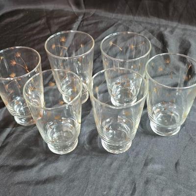 Six Retro MCM Libbey Dandelion wisp Atomic gold glasses - 24k gold commonwealth Silver Inc. tray - Bavaria pastoral scene plate and more