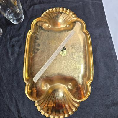 Six Retro MCM Libbey Dandelion wisp Atomic gold glasses - 24k gold commonwealth Silver Inc. tray - Bavaria pastoral scene plate and more