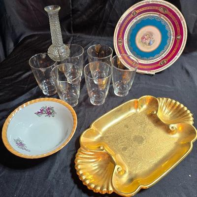 Six Retro MCM Libbey Dandelion wisp Atomic gold glasses - 24k gold commonwealth Silver Inc. tray - Bavaria pastoral scene plate and more