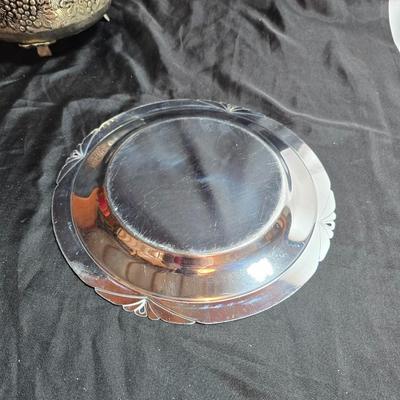 Hand forged Everlast rose tray - Metal Ornate footed fruit bowl with grape design - Silver toned platter with quarter decorative designs