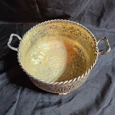 Hand forged Everlast rose tray - Metal Ornate footed fruit bowl with grape design - Silver toned platter with quarter decorative designs