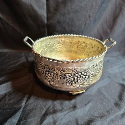 Hand forged Everlast rose tray - Metal Ornate footed fruit bowl with grape design - Silver toned platter with quarter decorative designs