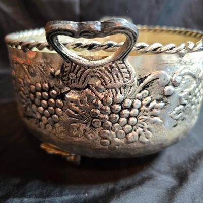 Hand forged Everlast rose tray - Metal Ornate footed fruit bowl with grape design - Silver toned platter with quarter decorative designs