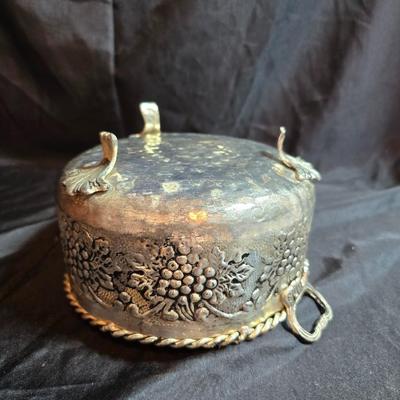 Hand forged Everlast rose tray - Metal Ornate footed fruit bowl with grape design - Silver toned platter with quarter decorative designs