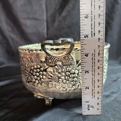 Hand forged Everlast rose tray - Metal Ornate footed fruit bowl with grape design - Silver toned platter with quarter decorative designs