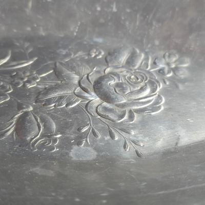 Hand forged Everlast rose tray - Metal Ornate footed fruit bowl with grape design - Silver toned platter with quarter decorative designs