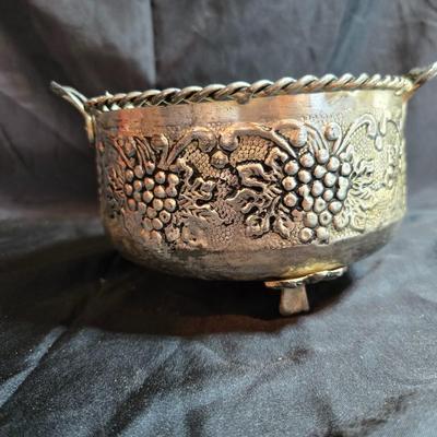 Hand forged Everlast rose tray - Metal Ornate footed fruit bowl with grape design - Silver toned platter with quarter decorative designs