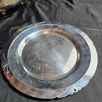 Hand forged Everlast rose tray - Metal Ornate footed fruit bowl with grape design - Silver toned platter with quarter decorative designs