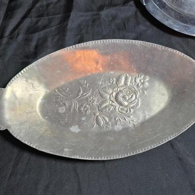 Hand forged Everlast rose tray - Metal Ornate footed fruit bowl with grape design - Silver toned platter with quarter decorative designs