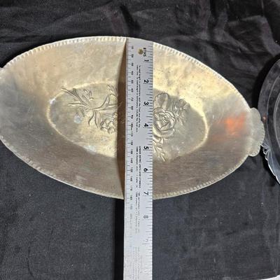 Hand forged Everlast rose tray - Metal Ornate footed fruit bowl with grape design - Silver toned platter with quarter decorative designs