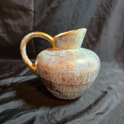 Antique gold patterned vintage Stangl Pottery pitcher with two vintage Mexican pottery Tlaquepaque bowls