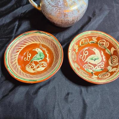 Antique gold patterned vintage Stangl Pottery pitcher with two vintage Mexican pottery Tlaquepaque bowls