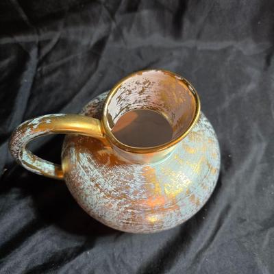Antique gold patterned vintage Stangl Pottery pitcher with two vintage Mexican pottery Tlaquepaque bowls