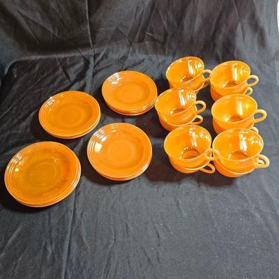 vintage Fire-King Peach Lusterware Banded pattern-Saucers and Mugs Retro Orange glassware dishes -