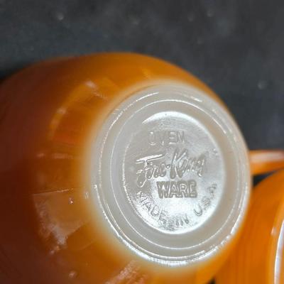 vintage Fire-King Peach Lusterware Banded pattern-Saucers and Mugs Retro Orange glassware dishes -