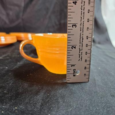 vintage Fire-King Peach Lusterware Banded pattern-Saucers and Mugs Retro Orange glassware dishes -