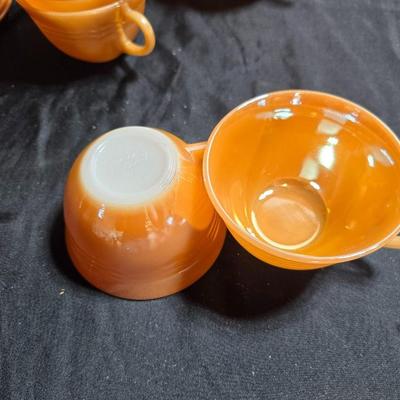 vintage Fire-King Peach Lusterware Banded pattern-Saucers and Mugs Retro Orange glassware dishes -