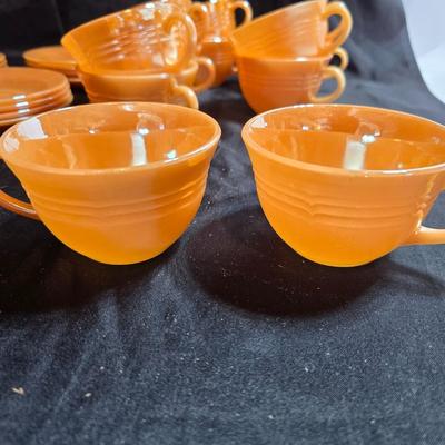 vintage Fire-King Peach Lusterware Banded pattern-Saucers and Mugs Retro Orange glassware dishes -