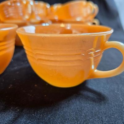 vintage Fire-King Peach Lusterware Banded pattern-Saucers and Mugs Retro Orange glassware dishes -