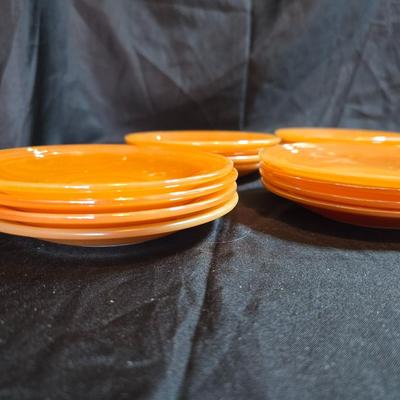 vintage Fire-King Peach Lusterware Banded pattern-Saucers and Mugs Retro Orange glassware dishes -