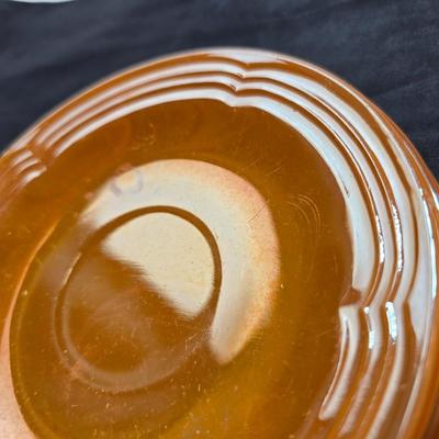 vintage Fire-King Peach Lusterware Banded pattern-Saucers and Mugs Retro Orange glassware dishes -