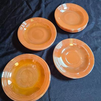 vintage Fire-King Peach Lusterware Banded pattern-Saucers and Mugs Retro Orange glassware dishes -