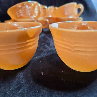 vintage Fire-King Peach Lusterware Banded pattern-Saucers and Mugs Retro Orange glassware dishes -