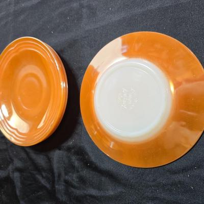 vintage Fire-King Peach Lusterware Banded pattern-Saucers and Mugs Retro Orange glassware dishes -