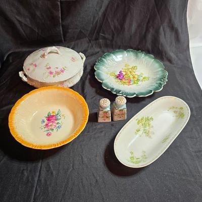 Vintage floral serving bowls - Homer Laughlin - W. Austria lidded vegetable dish - Zeh, Scherzer & Co oval dish = Hand painted salt...