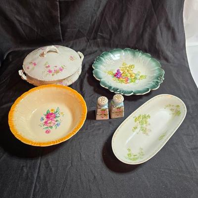 Vintage floral serving bowls - Homer Laughlin - W. Austria lidded vegetable dish - Zeh, Scherzer & Co oval dish = Hand painted salt...