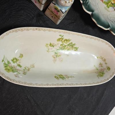 Vintage floral serving bowls - Homer Laughlin - W. Austria lidded vegetable dish - Zeh, Scherzer & Co oval dish = Hand painted salt...