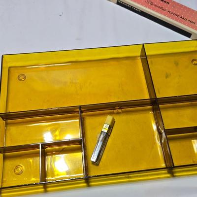 Office items - tape dispenser - old pencil sharpeners - brief case - files - folders- markers and more