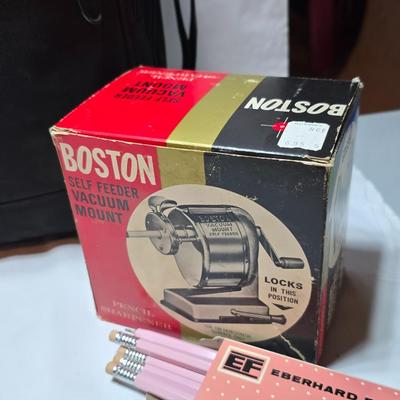 Office items - tape dispenser - old pencil sharpeners - brief case - files - folders- markers and more