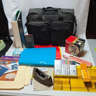 Office items - tape dispenser - old pencil sharpeners - brief case - files - folders- markers and more