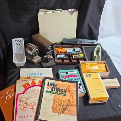 Office items - electric pencil sharpener - vintage crank style sharpener- pencils - hole punch - files and more