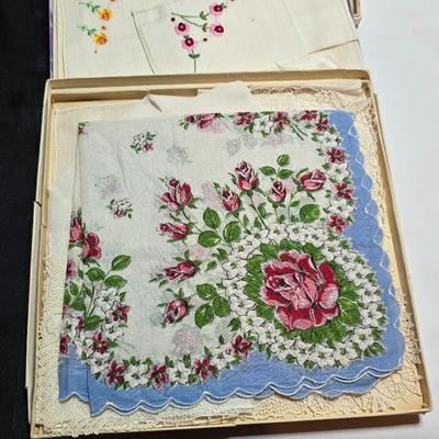 At least 10 Vintage embroidered kerchiefs - and Spunwell pillowcases in original boxes -