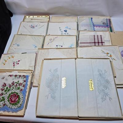 At least 10 Vintage embroidered kerchiefs - and Spunwell pillowcases in original boxes -