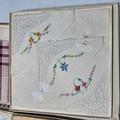 At least 10 Vintage embroidered kerchiefs - and Spunwell pillowcases in original boxes -